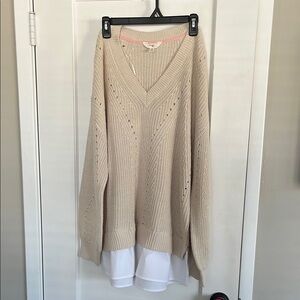Beige Knit Sweater with White Layered Hem